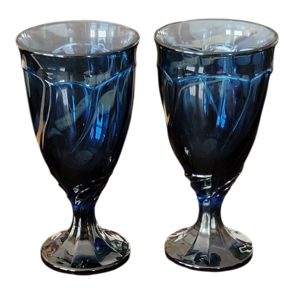 Noritake Sweet‎ Swirl Dark Blue Iced Tea Goblets 7.5" Vintage Elegant Glasses